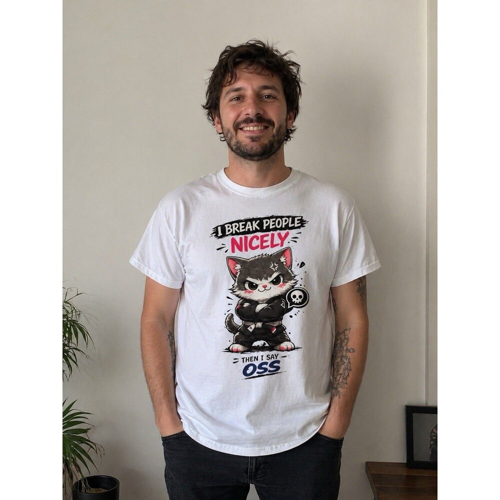 Funny Jiu Jitsu Cat T-Shirt OSS BJJ Graphic Tee Gildan White Martial Arts Shirt